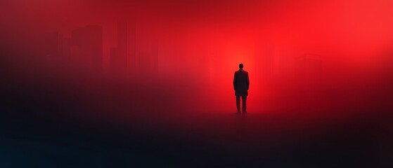 Fototapeta premium A man stands in a foggy, moonlit room, holding a red lantern