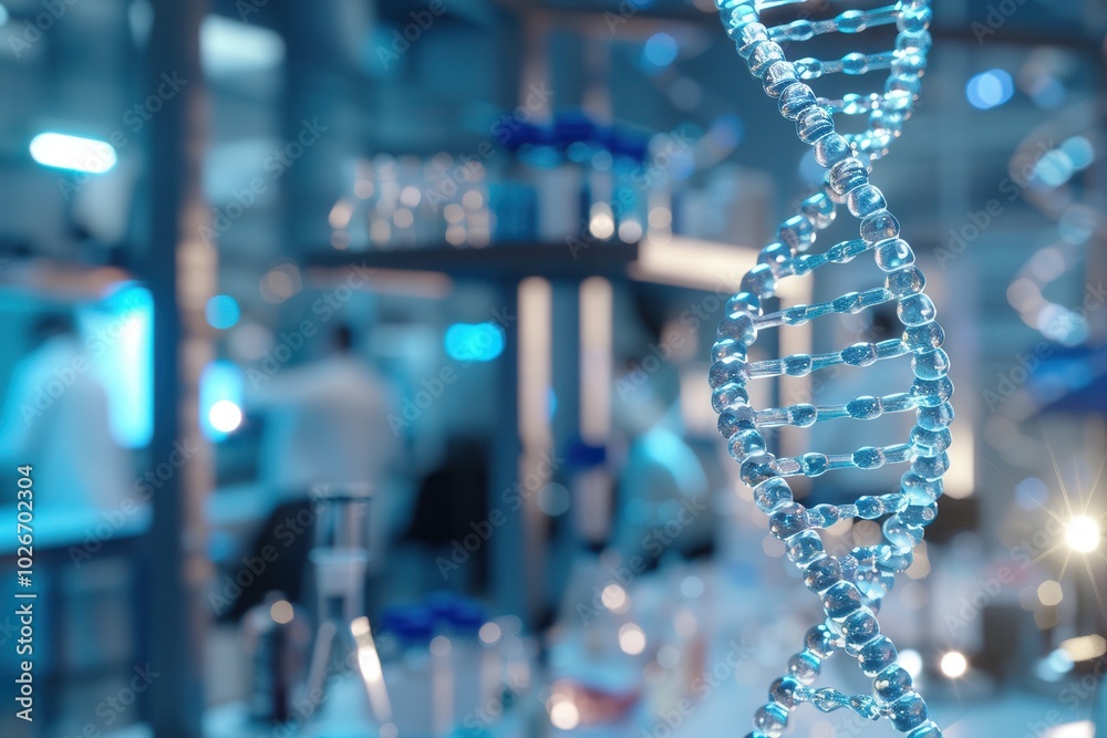 Aufkleber a striking dna strand stands out in focus, while lab personnel conduct experiments in a bustling sci
