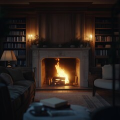 A warm and inviting living room featuring a glowing fireplace, comfortable sofas, and soft lighting, creating a cozy and relaxing atmosphere ideal for unwinding.