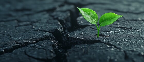 Naklejka premium A tiny green plant emerges from a fissure in weathered concrete, beaded with dew