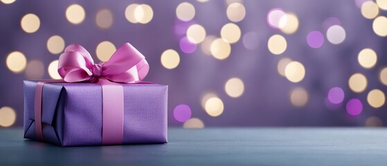 Fototapeta premium A purple gift box, adorned with a pink bow, sits before a faintly blurred backdrop of twinkling lights