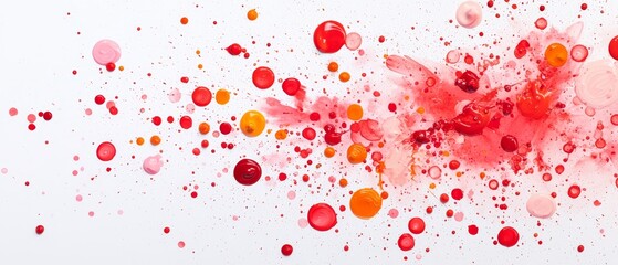Fototapeta premium A white backdrop features red, orange, and yellow circular shapes and paint droplets on its left side