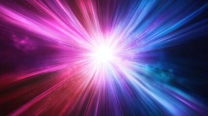 Colorful light bursts in pink, purple, and blue, radiating from a central point into darkness.