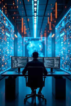 Cutting-edge Vision: IT Tech Guru in Futuristic Data Center Utilizing Laptop Amidst Warehouse, Streamlined Digitalization with Server-Based Information. SAAS Cloud Computing, Web Service Empowered IoE