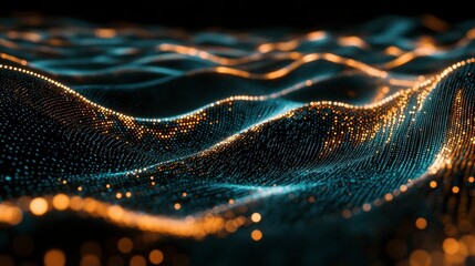 Digital streams of glowing binary code and particles cascading through a black background.