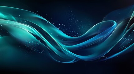 Digital waves and particles in blue and teal, flowing across a futuristic background.