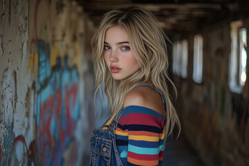 Obraz premium A young woman stands in a building with graffiti on the walls.