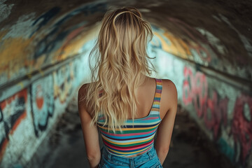 Naklejka premium A young woman stands in a building with graffiti on the walls.