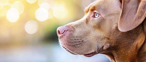  A brown dog's face, closely framed, set against a softly blurred backdrop of twinkling lights