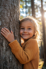 Caucasian girl hugging the trunk of a big tree in the forest