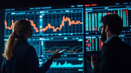 Fototapeta premium Financial analysts discussing market trends with a large screen showing stock prices and graphs behind them.
