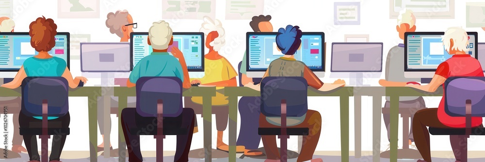 Aufkleber A group of elderly students attentively learns digital skills, collaborating and working on computers in a friendly classroom setting. Generative AI