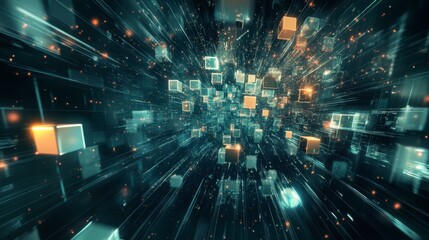 Obraz premium Floating cubes and digital particles moving through a dark, abstract space.