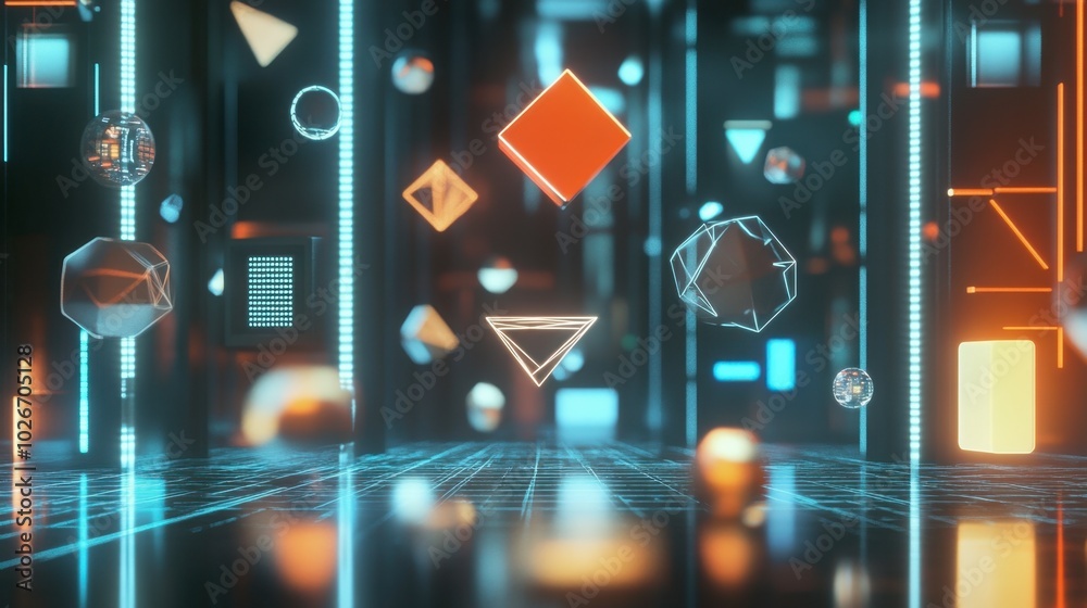 Fototapete floating geometric shapes and data icons in a high-tech holographic interface.