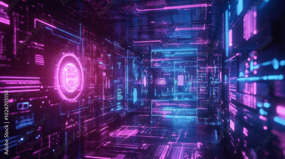 Fototapete floating geometric shapes and data icons in a high-tech holographic interface.