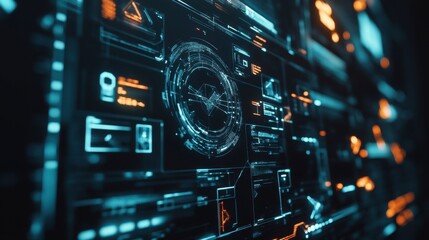 Obraz premium Floating geometric shapes and data icons in a high-tech holographic interface.