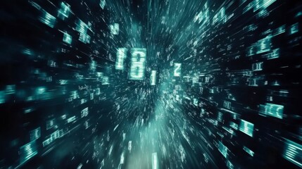 Obraz premium Futuristic digital numbers and codes flying through a dark background.