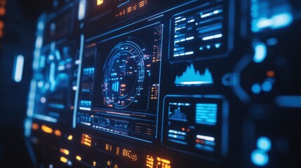 Futuristic HUD display with holographic graphs and data points in bright blue.