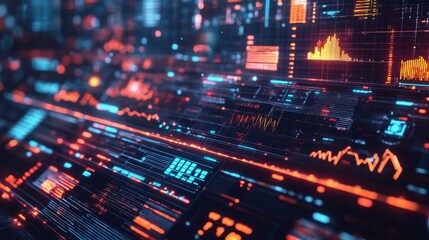 Futuristic HUD display with transparent data graphs and indicators overlaid on a dark backdrop.