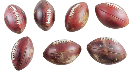 Collection of Worn American Footballs Displayed on a White Background Generative AI