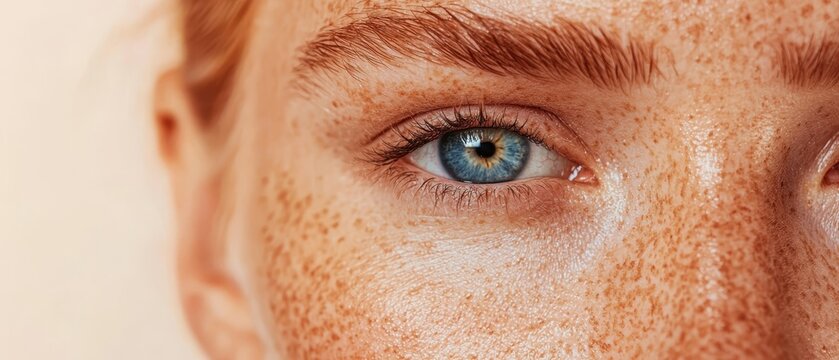  A tight shot of a woman's freckled face, showcasing frecks on eyelids