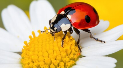 Obraz premium A close-up of a ladybug perched on a white daisy with yellow center, showcasing its vibrant red and black shell.