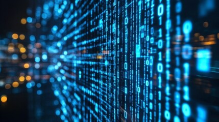 Fototapeta premium Glowing blue binary code scrolling across a dark background, giving a tech-savvy vibe.