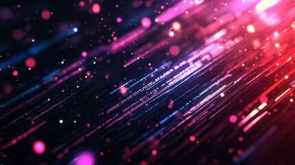 Glowing data streams flowing in diagonal lines across a dark, high-tech background.