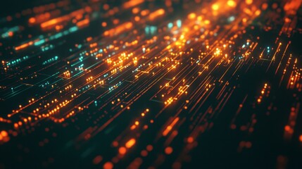 Obraz premium Glowing data streams flowing in diagonal lines across a dark, high-tech background.