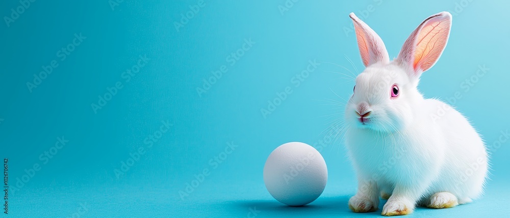 Wall mural a white rabbit sits next to an egg against a blue backdrop, featuring a small pink spot in its cente