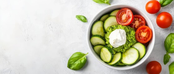  A white bowl, brimming with cucumbers, tomatoes, sits atop a pristine countertop, garnished with a dollop of sour cream