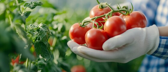  A tight shot of an individual cradling a full bunch of tomatoes against a backdrop of lush green leaves and vines, teeming with tomatoes