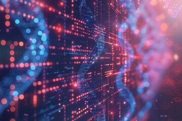 This artwork showcases a detailed 3D representation of a DNA strand interwoven with vibrant digital data streams and binary code. Generative AI