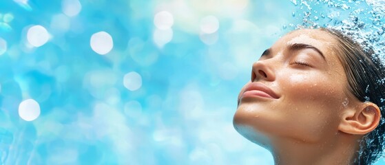  A woman's face, tightly framed, with bubbles emerging from the back of her head as if she were submerged in water