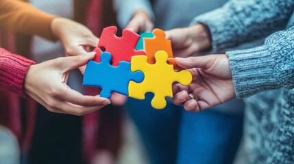 Group of coworkers holding puzzle pieces that fit together, symbolizing teamwork and collaboration.