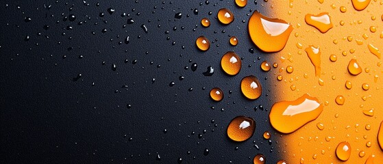 Image features a black backdrop, yellow stripe dividing, and water droplets