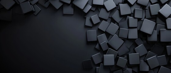 A collection of monochromatic black cubes against a uniformly dark background; an allocated area for text or logo inbottom right corner