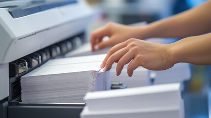Hands adjusting printer paper alignment inside the tray, with stacks of paper nearby.