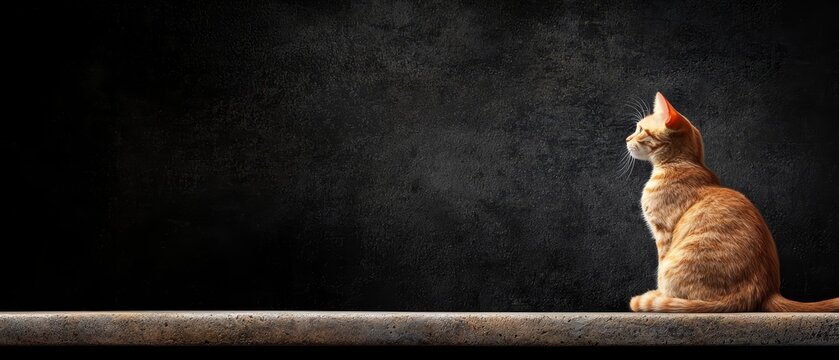  An orange tabby cat sits on a ledge, gazing into the distance against a backdrop of a black wall