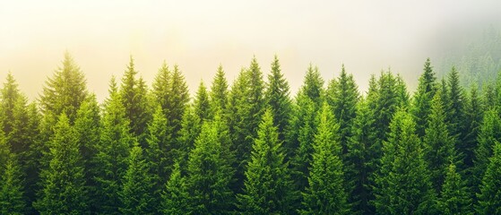 Fototapeta premium A foggy forest's row of evergreens, sun shining through in the foreground