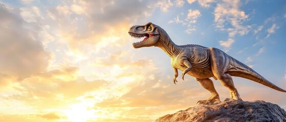 Fototapeta premium A dinosaur atop a rock, mouth agape, as sun sets in the sky