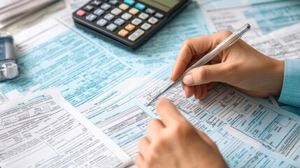 Obraz premium Hands filling out tax forms with financial statements and a calculator on the desk, symbolizing tax preparation.