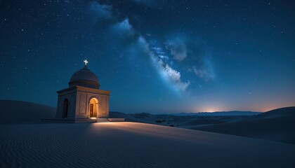 A tranquil desert night with a lone temple under the stars, symbolizing the solitude and peacefulness of religious reflection in vast open spaces