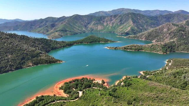 Shasta Lake - Aerial View of Boat on Full Lake near Sugarloaf Marina