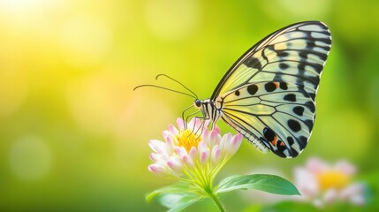 Obraz premium A beautiful butterfly with black and white wings sits on a pink flower, with a bright green, yellow, and white blurred background.