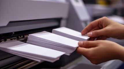 Hands inserting envelopes into a printer for mass mailing, with a stack of envelopes on the side.