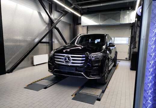 Moscow, Russia &ndash; October 12, 2024: New black Mercedes-Benz GLS car in the repair area of ​​a car service center. A clean, polished luxury SUV.
