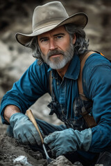 Obraz premium An elderly Caucasian male archaeologist is digging for artifacts at a work site.