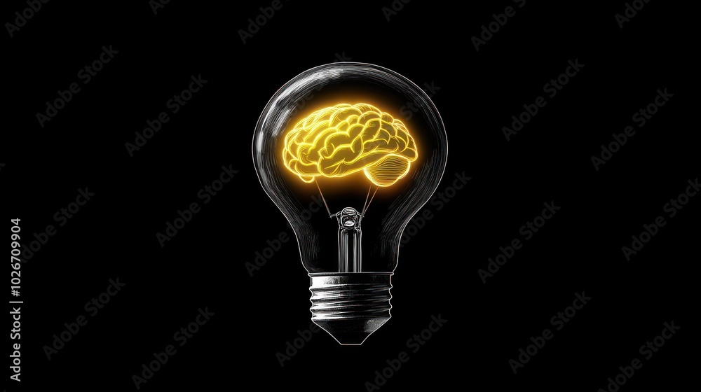 Poster a glowing brain inside a light bulb on a black background
