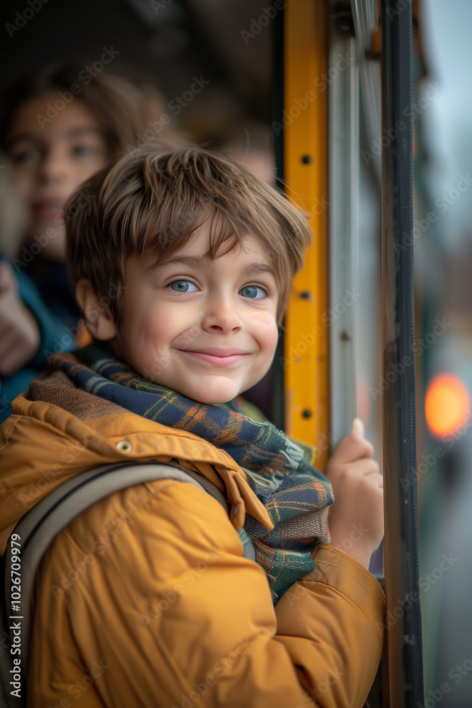 Wall mural caucasian boy sitting on a school bus, bus travel